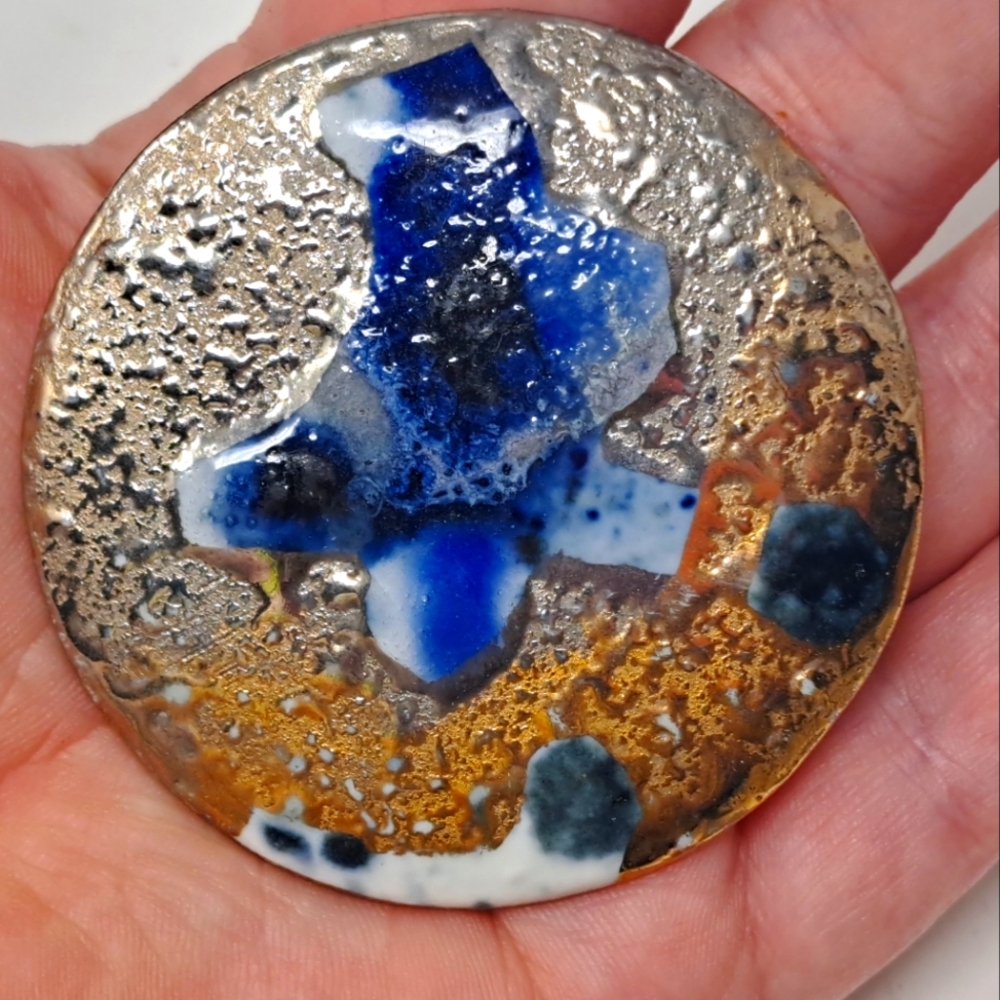 Round Ceramic Hand Made Brooch With Gold And Blue Abstract Pattern Glaze